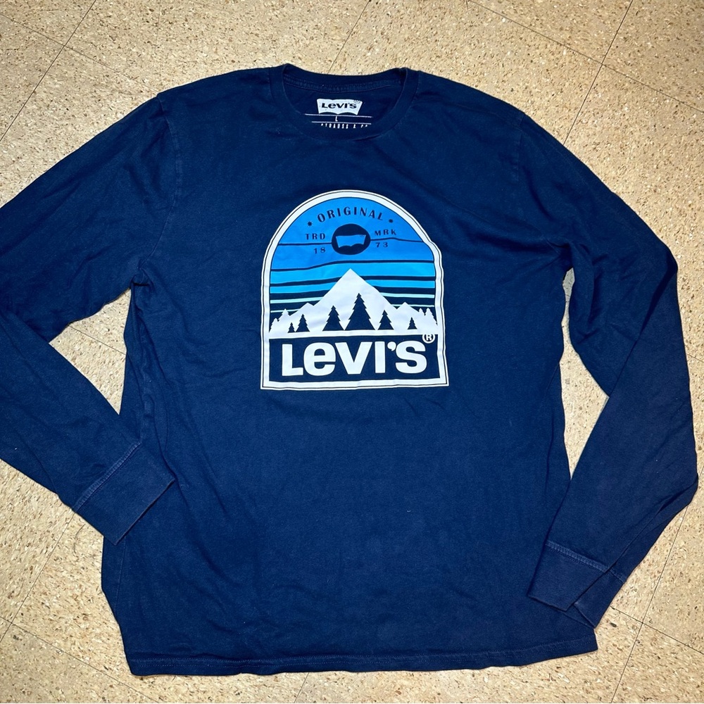 Levi's Mens Blue Mountain Trees Long Sleeve Graphic Tee Tshirt Size‎ Large